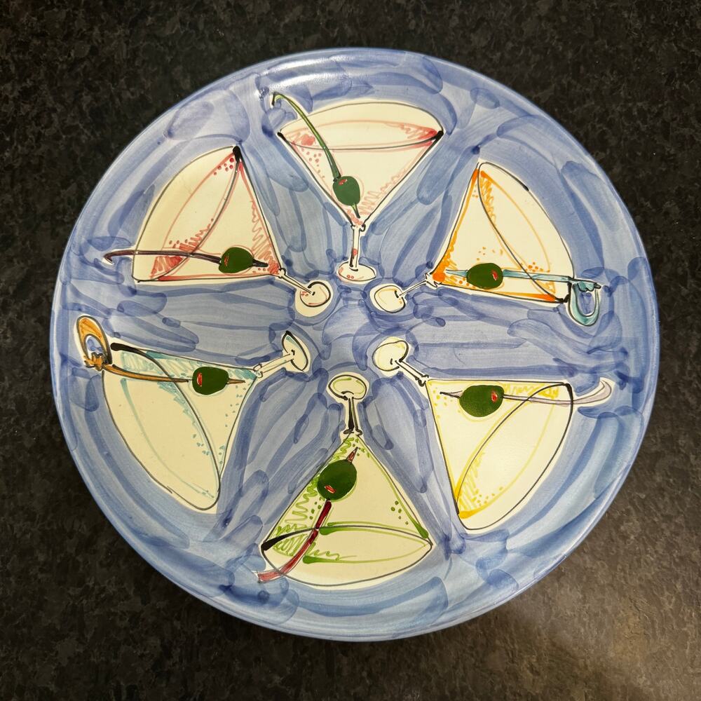 Hand Painted Martini Glass Platter Signed Pugh Retro Barware Cocktail Plate 12”